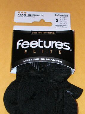 Feetures Elite Max Cushion No Show Tab Socks Women's Small NWT Black